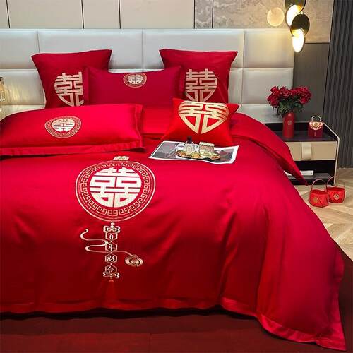四高档庆件套大婚红喜被套笠全棉刺绣新结婚YPL房嫁礼床单床上用