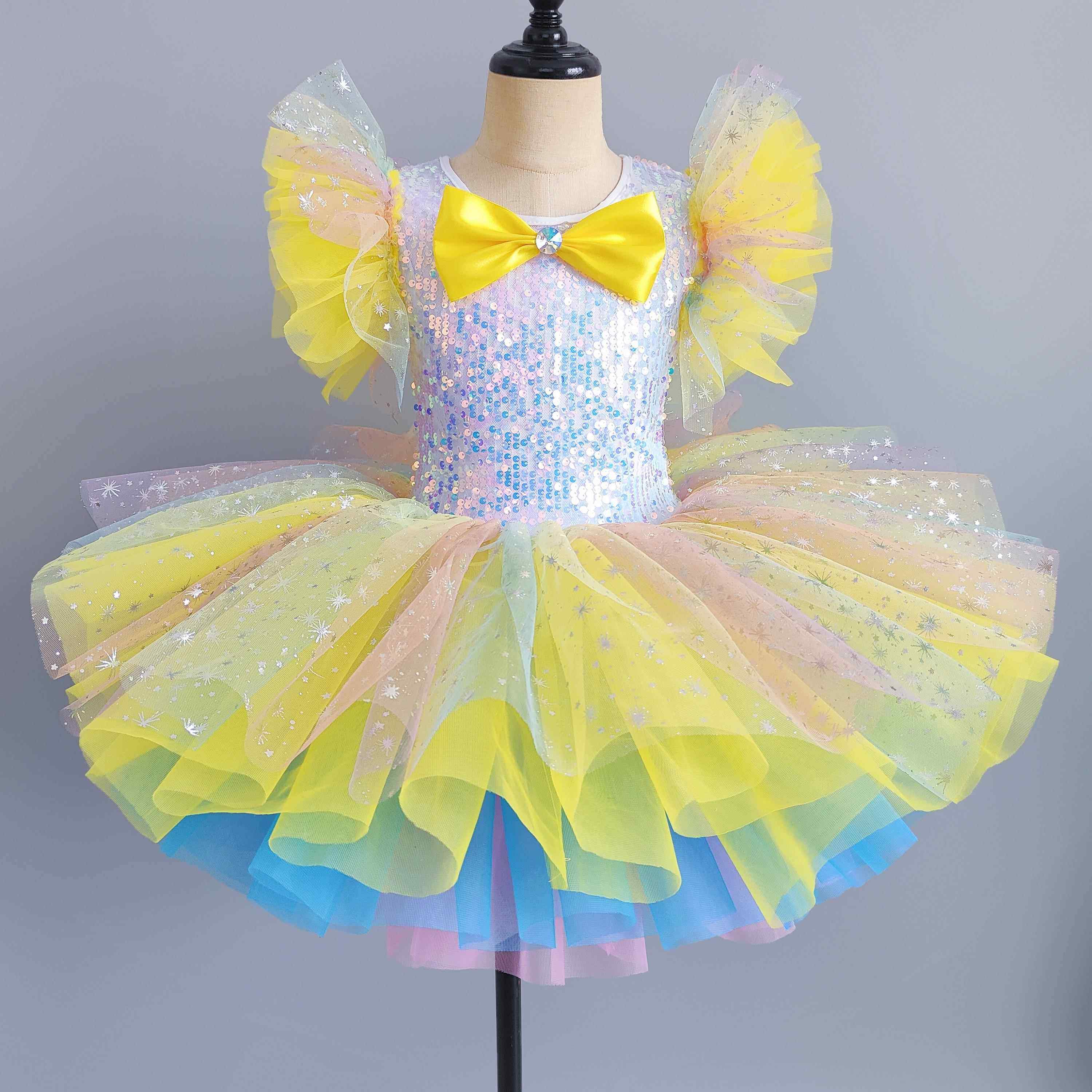 高档儿童演服女童舞台出装芭蕾幼飞儿表演蓬蓬裙公主七亮片彩飞袖