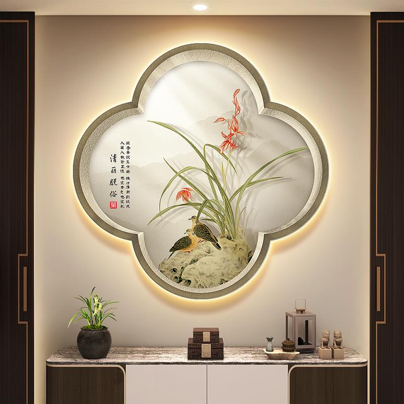 兰花鸟图入户玄关装饰画新中式梅兰竹菊茶室挂画假窗户走廊壁画灯