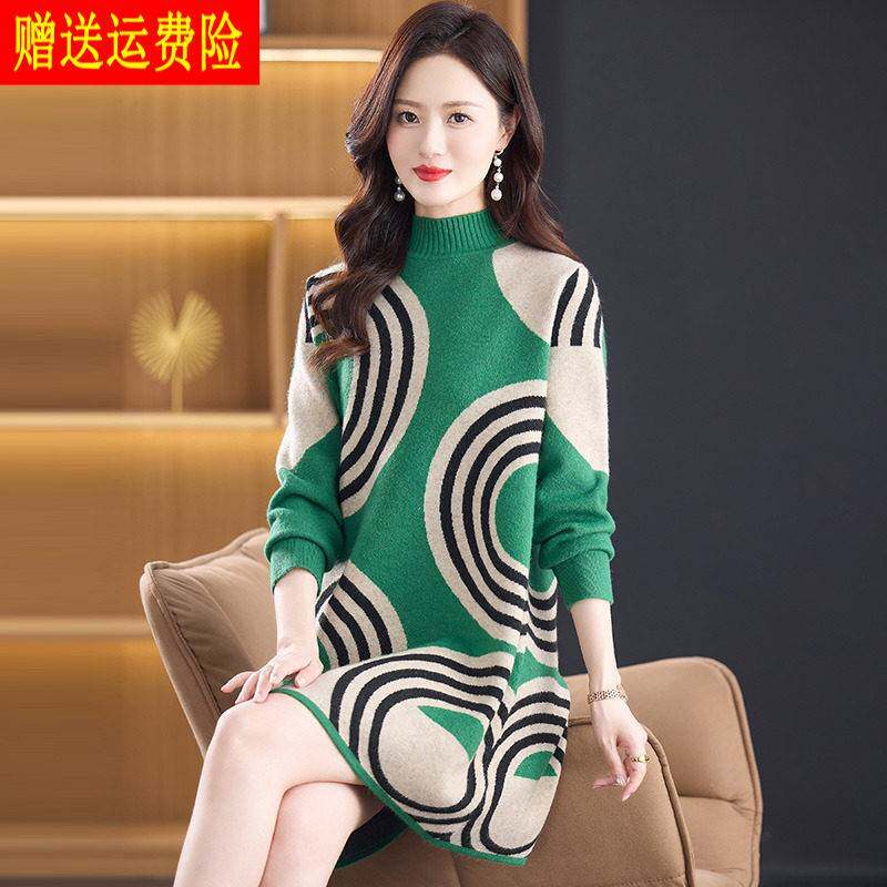 高端时尚毛衣女秋冬加厚保暖绣花羊毛衫中长款半高领羊绒打底衫