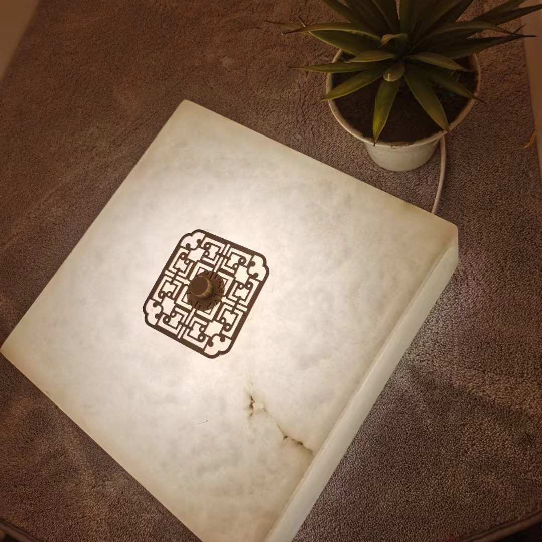 现代新中式全铜卧室灯天然云石吸顶灯三色LED护眼书房过道玄关灯