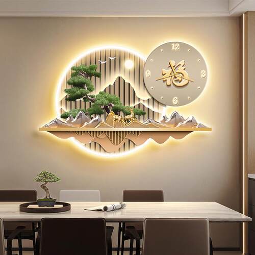 迎客松饭厅装饰画钟表新中式吃饭厅餐桌挂画福字客厅背景墙壁画灯