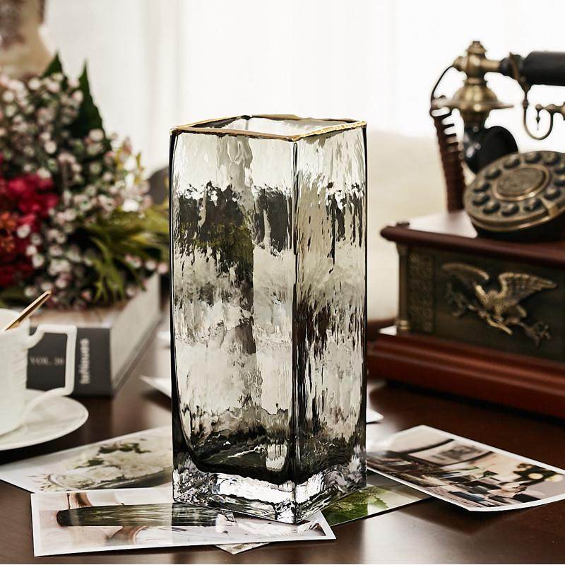 锤纹方口花瓶透明 描金玻璃花瓶 客厅创意欧式简约插花工艺品摆件,家居饰品,花瓶,淘宝优惠券,粉丝福利购,淘宝优惠卷