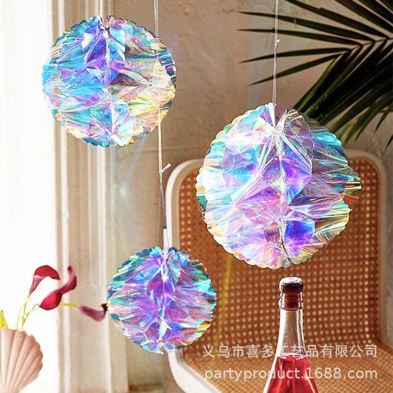 跨境热卖彩虹膜镭射塑料七彩渐变纸花球三件套蜂窝球派对婚庆装饰