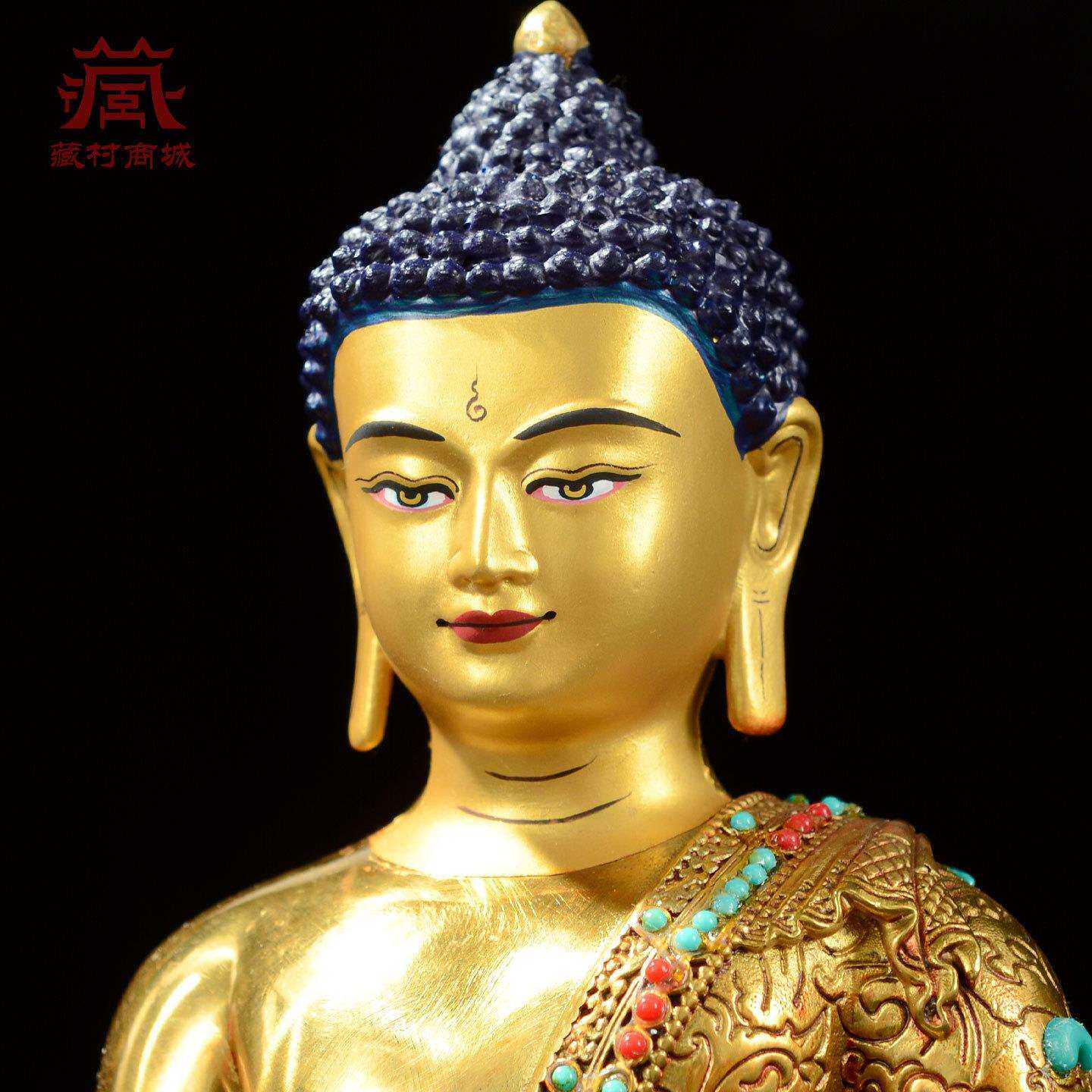 藏村全鎏金《释迦摩尼佛不动佛》镶嵌彩珠《不动尊菩萨》铜像摆件