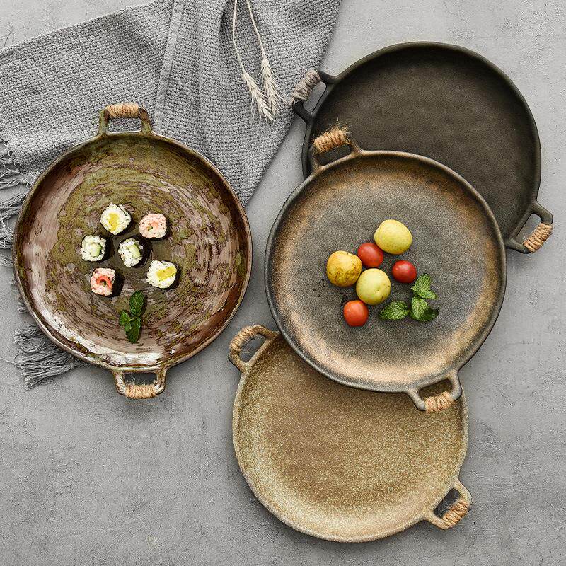 陶瓷果盘茶点餐盘茶桌坚果糖果水果盘子复古仿柴烧糕点盘轻奢复古