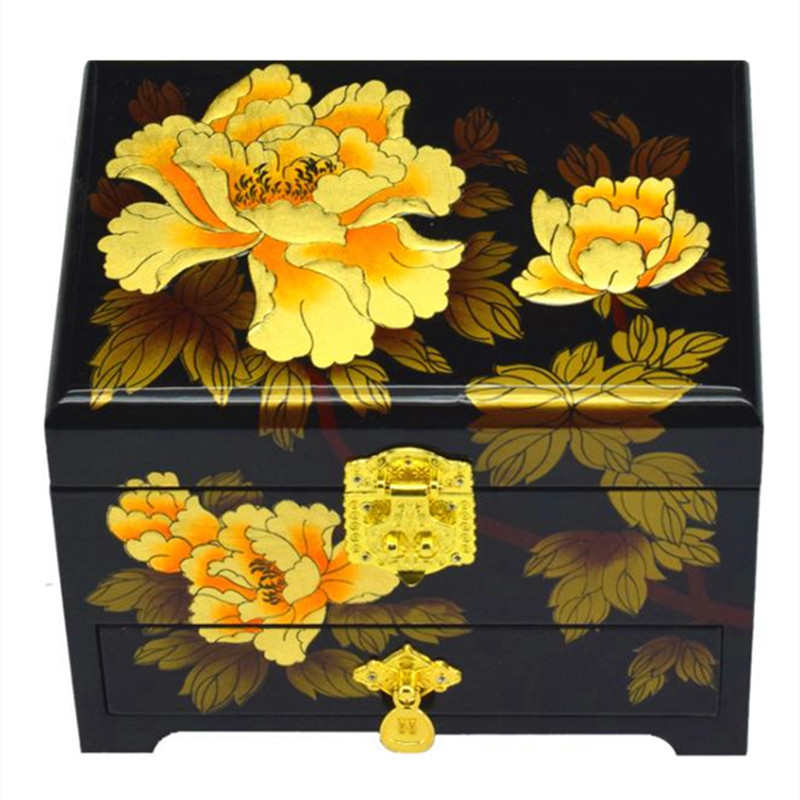 推光漆器首饰盒木质双层带锁镜面漂漆手工彩绘婚庆饰品收纳礼品盒