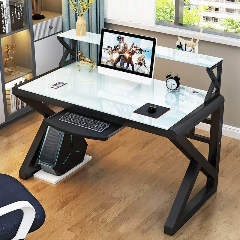 电脑台式桌带键盘托可放主机时尚书架一体桌电竞技桌钢化玻璃家用