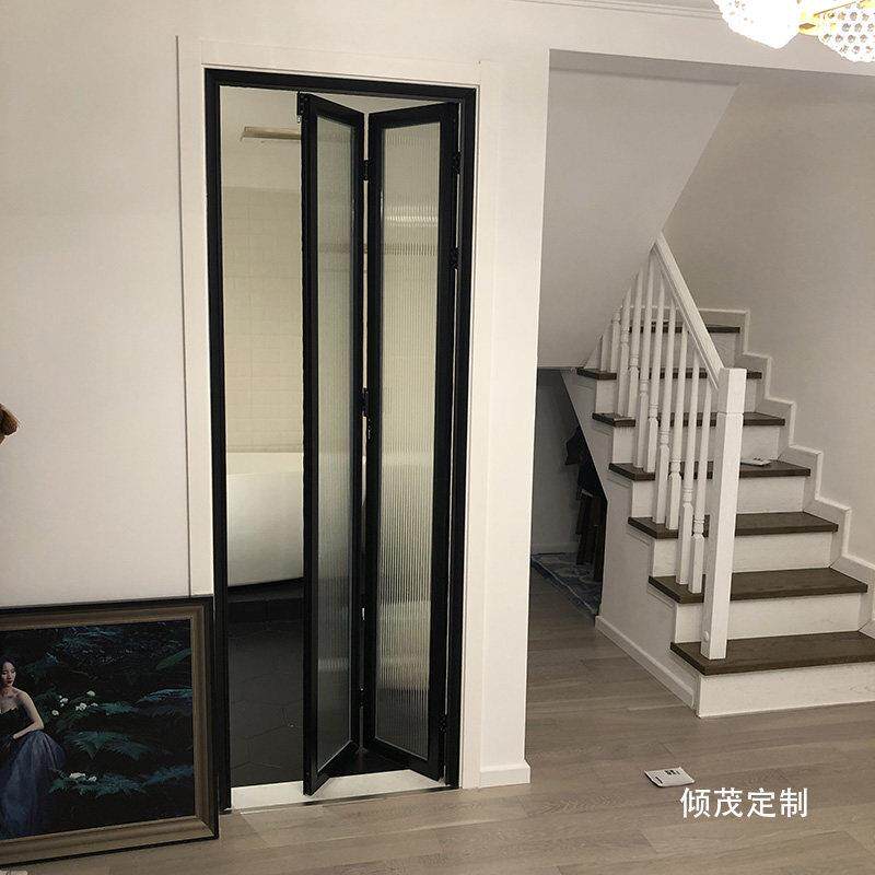 上海化妆室厕所折叠门厨房阳台钢化玻璃无下轨拉门防水金属包套