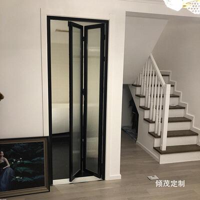 上海化妆室厕所折叠门厨房阳台钢化玻璃无下轨拉门防水金属包套