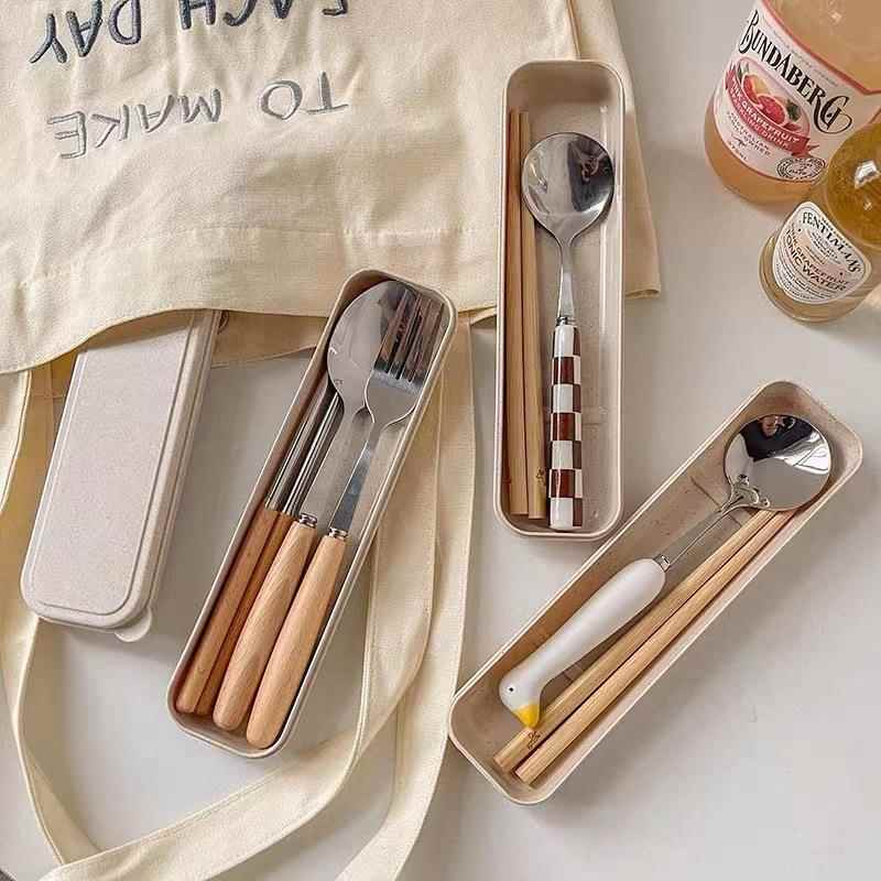 棋盘格木质筷子勺子可爱陶瓷304勺叉可携式套装学生不锈钢折叠餐