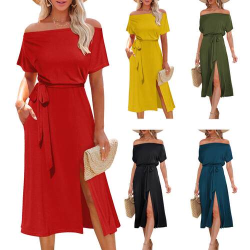 Women's dress with shoulder baring, short sleeved, lace up
