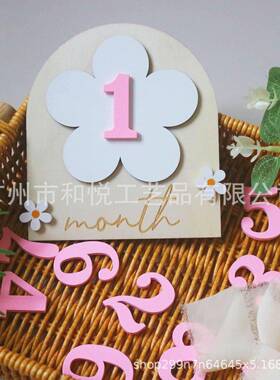 木质婴儿里程碑新生儿月份牌双面花朵里程碑月份卡木牌可替换数字
