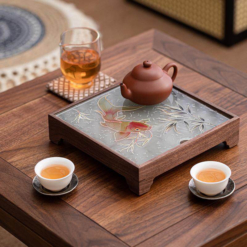胡桃木YBJ25102中玻璃家茶盘用型小干泡茶长方盘储水式茶台式实木