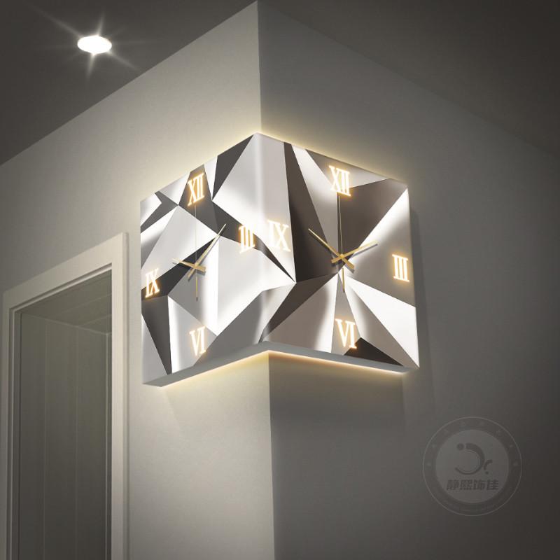几何抽象转角双面时钟极简客厅两面拐角挂钟创意家用阳角钟表壁灯