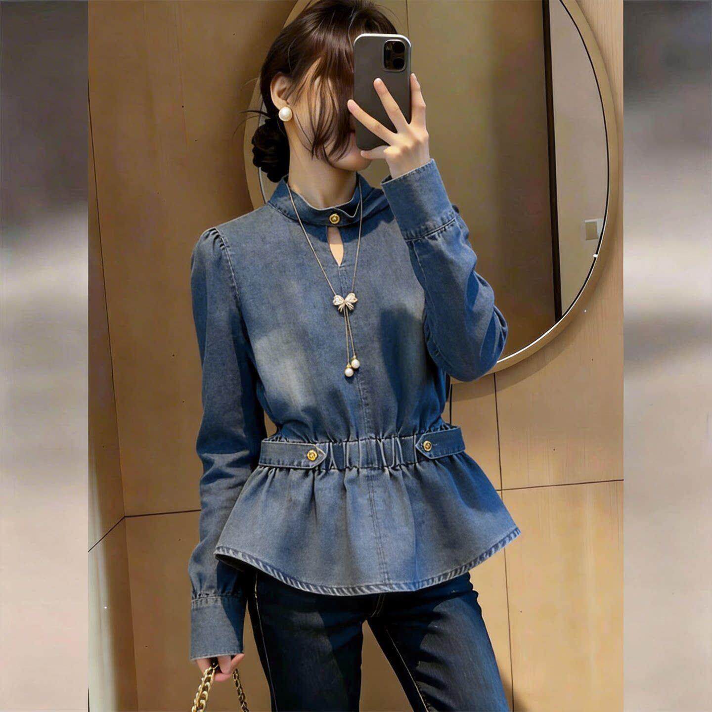 潮牌设计感收腰牛仔长袖女春季新款美式酷飒风束腰通勤气质上衣