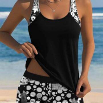 Printed split swimsuit women's conservative boxer