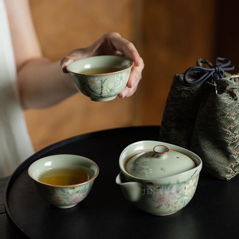 秘黄汝窑一壶两杯快客旅行茶具花鸟图懒人户外茶具便携茶具不烫手