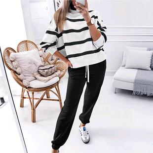 Women's Stripe Drop Shoulder Pullover & Jogger Pants Set -