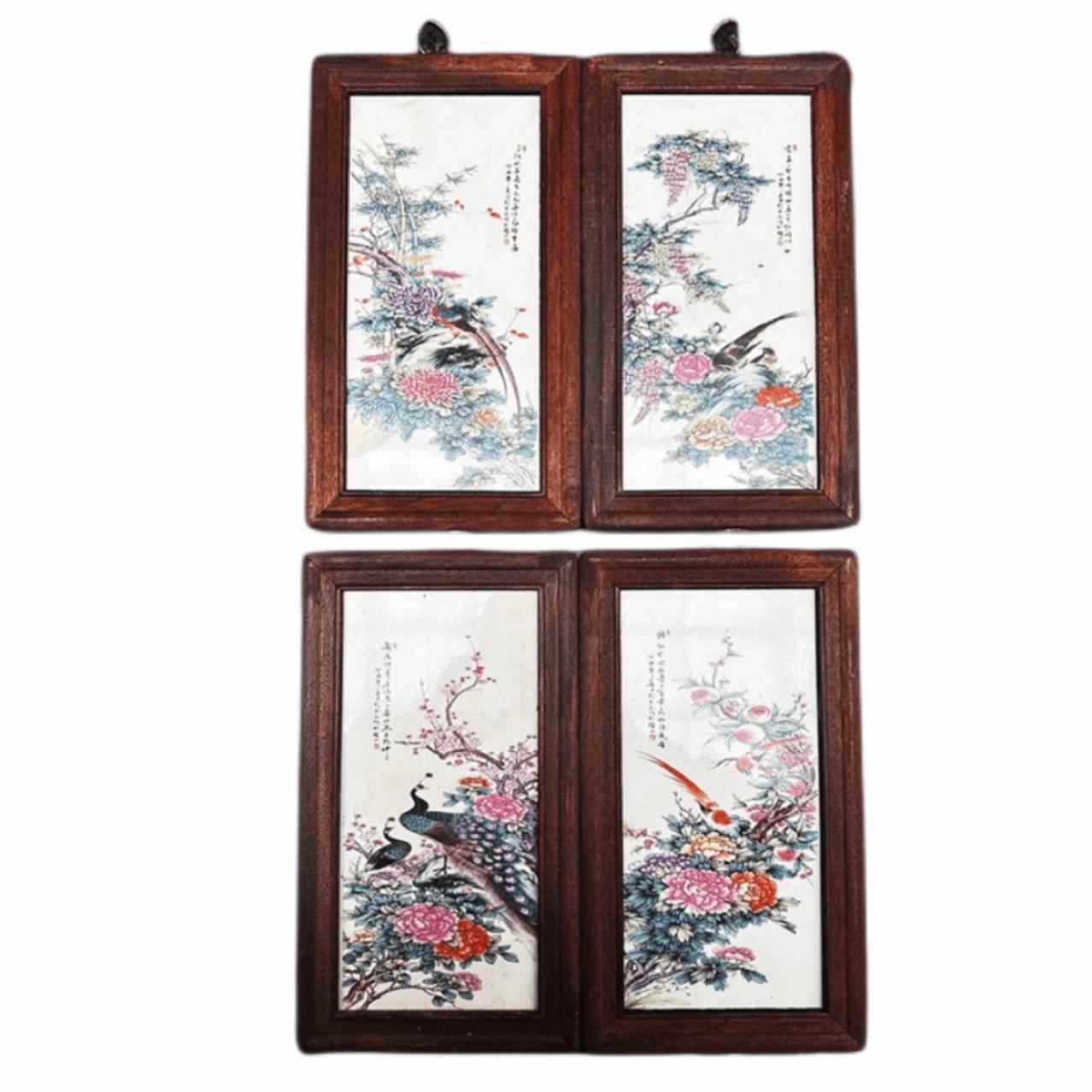 实木框板精品陶画挂画瓷玄瓷关客厅LUK装饰画画四条屏山水花鸟屏