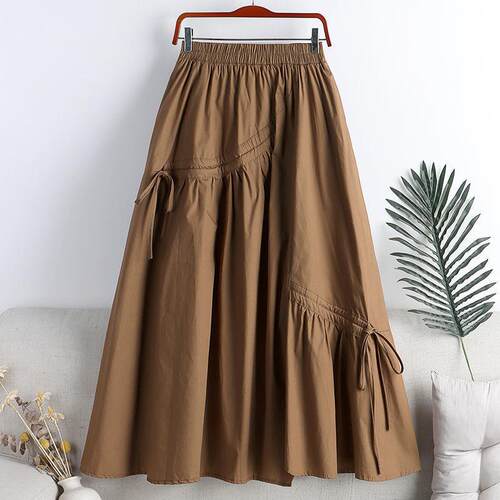 Basic Plain Midi Skirt with Adjustable Drawstring Pocket
