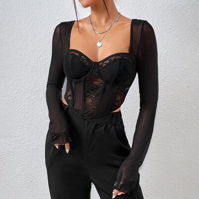 Sexy lace mesh square neck long sleeved top鱼骨修身长袖上衣