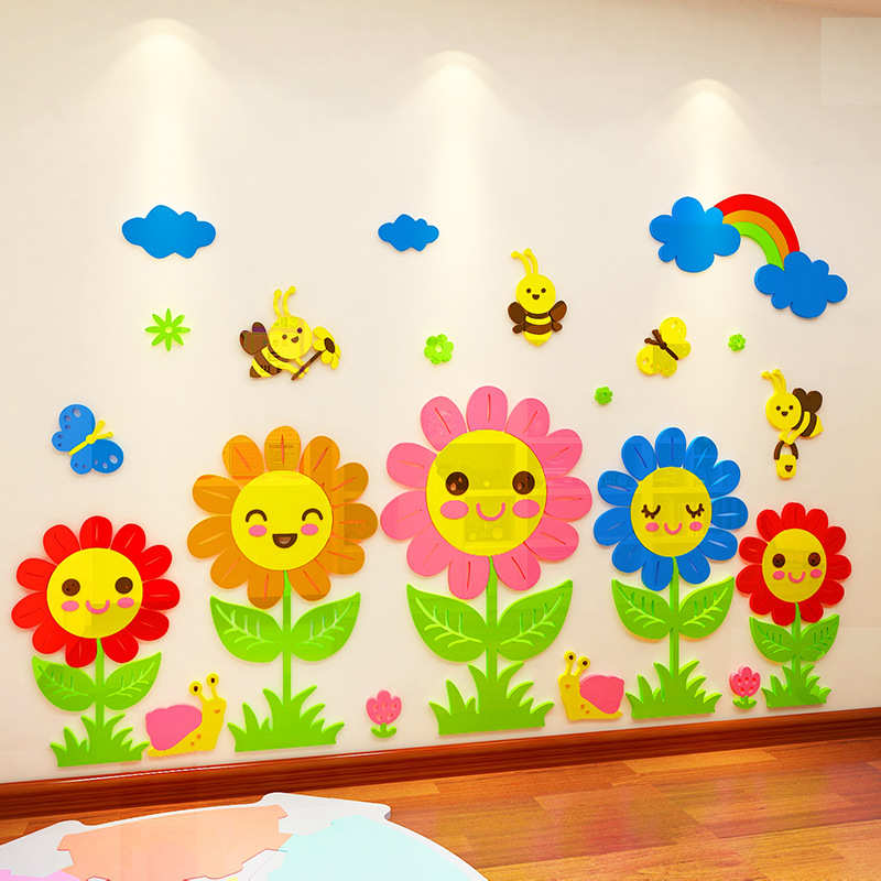 卡通花朵教室布置亚克力装饰班级文化墙贴幼儿园墙面贴画3d立体图片