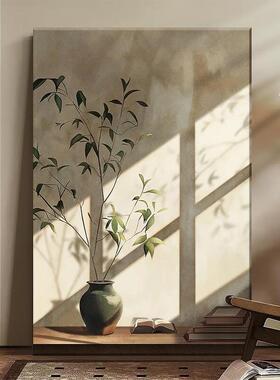 奶油风景和阴影绿色植物客厅卧室装饰画壁龛艺术高端静物入口走廊