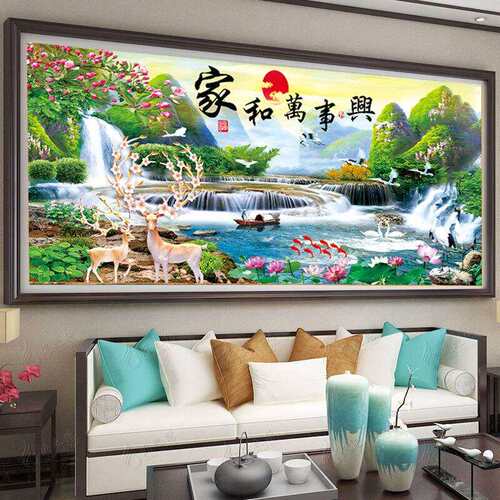 蒙娜丽莎家和万事兴十字绣2024新款线绣客厅流水生财山水画自己绣