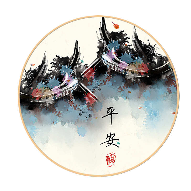 新中式客厅圆形装饰画餐厅挂画民族古典建筑壁画中国风圆框画墙画图片