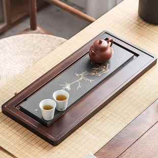 干泡茶台高档家用大号办公室石板功夫茶盘竹制 整块茶盘实木排水式