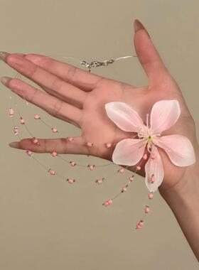 【春日微甜】粉红色花朵串珠项链多层叠戴锁骨链choker
