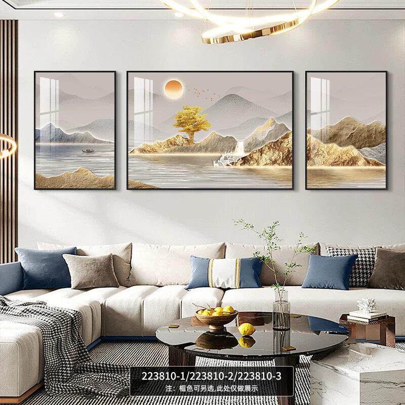 新中式客厅装饰画背有靠山新款沙发背景墙挂画寓意好山水三联壁画