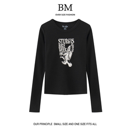 BM Fashion贴身老鹰印花华夫格长袖T恤bm短款高腰打底上衣ins