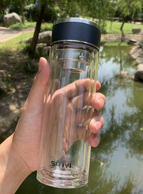 诗特意大容量加厚双层玻璃水杯男士透明商务泡茶杯茶水分离杯子