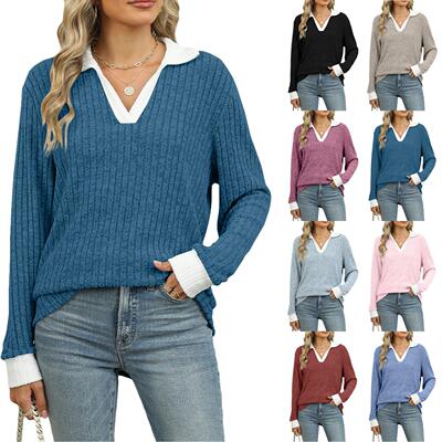 Women's collar long sleeved T-shirt top 翻领长袖T恤上衣女