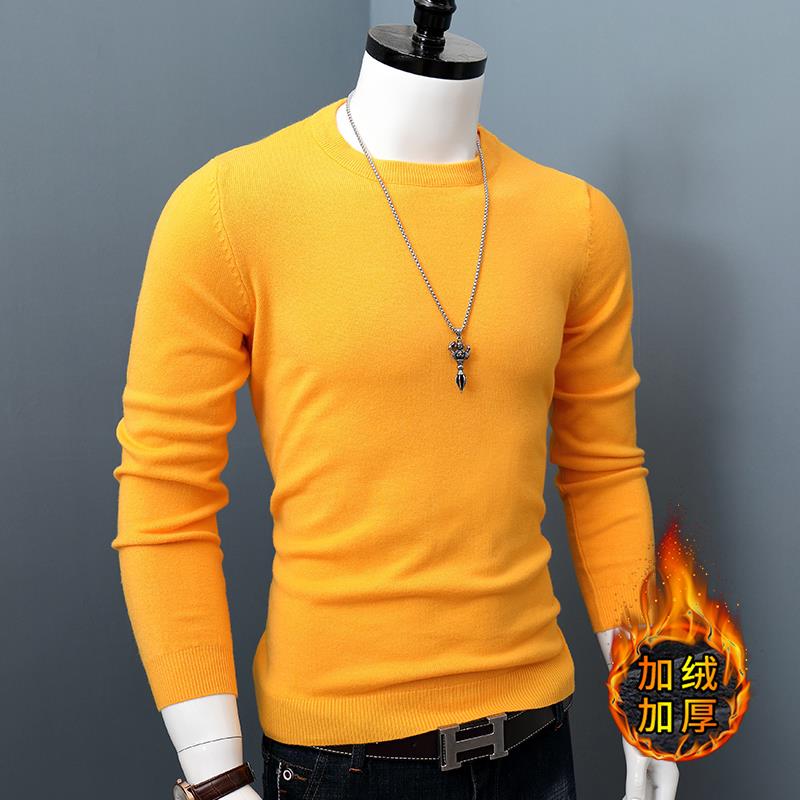 秋冬毛衣男士新款上衣加绒加厚圆领色修身内搭针织衫保暖线0926c