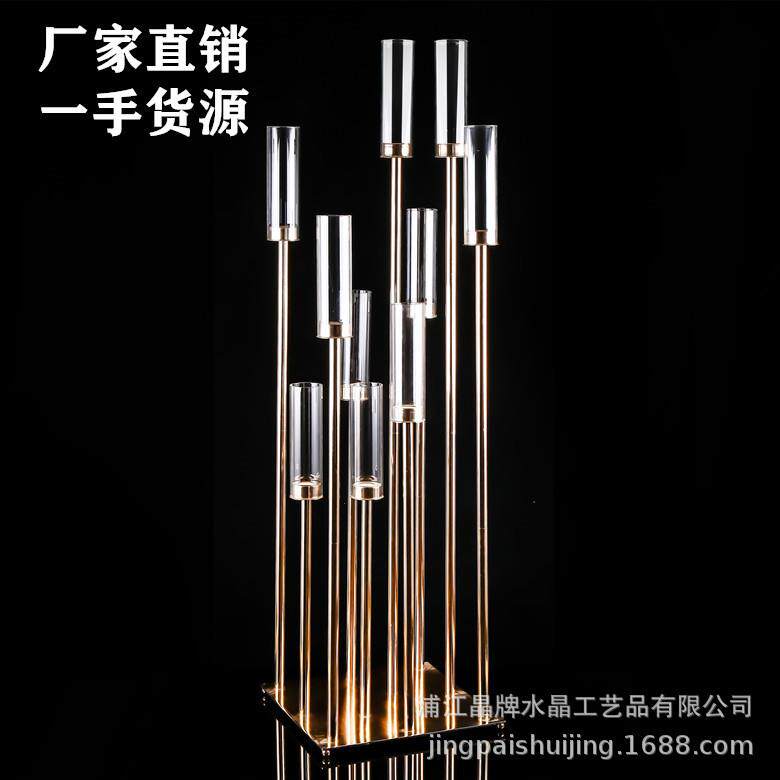 直销2019出口热销婚礼摆件款式10头金属烛台户外带防风罩烛台