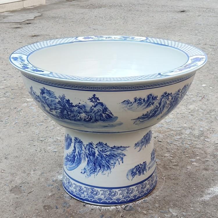 陶瓷鱼缸厂家青花山水釉下彩立柱式陶瓷鱼缸假山造景盆水培缸