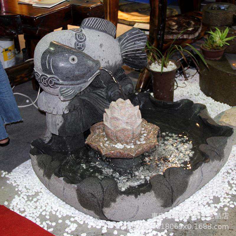 产地直销石雕鲤鱼流水摆件 精美室内石头风水鱼装饰 招财流水摆饰