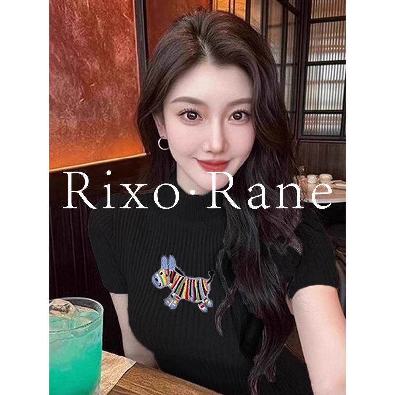 法国Rixo Rane 半高领彩虹马刺绣短袖针织衫女春修身打底衫上衣