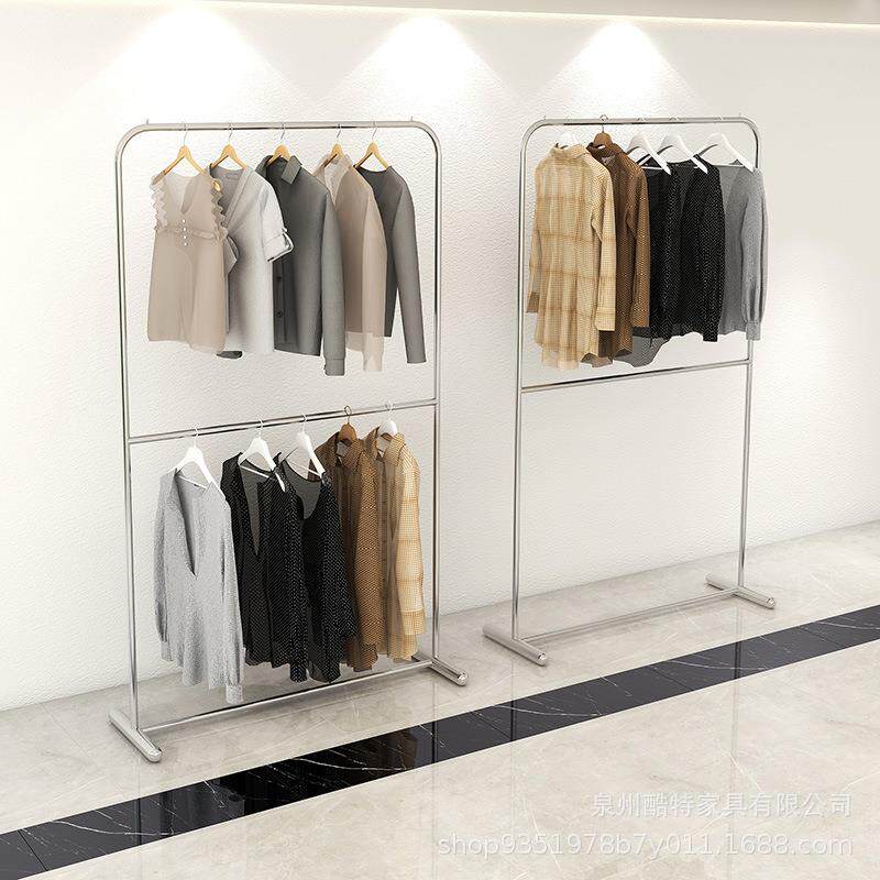 服装店展示架不锈钢落地式童装女装双层货架升降可调节挂衣服架子