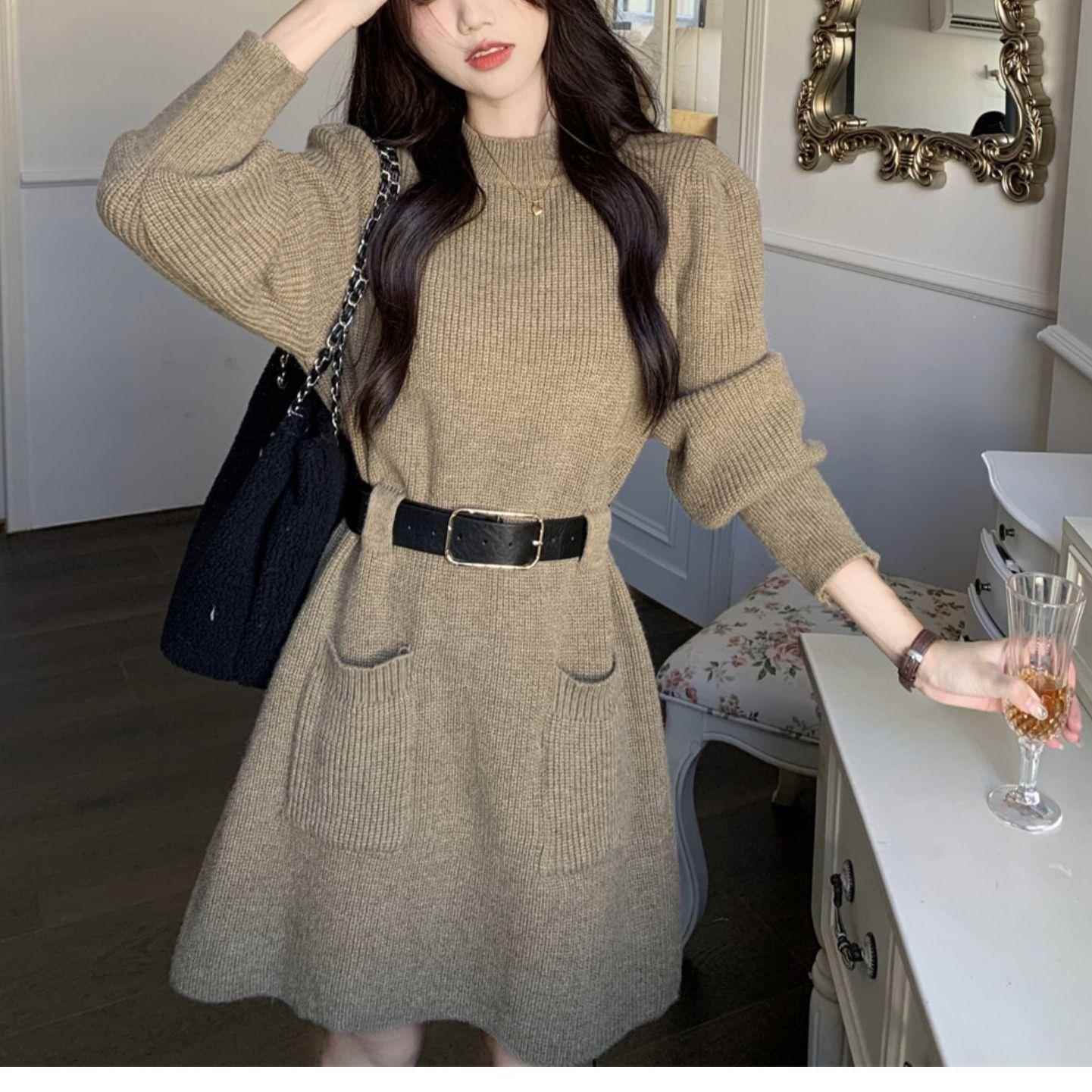 Womens knitted dress mid-length fashionable long-sleeved