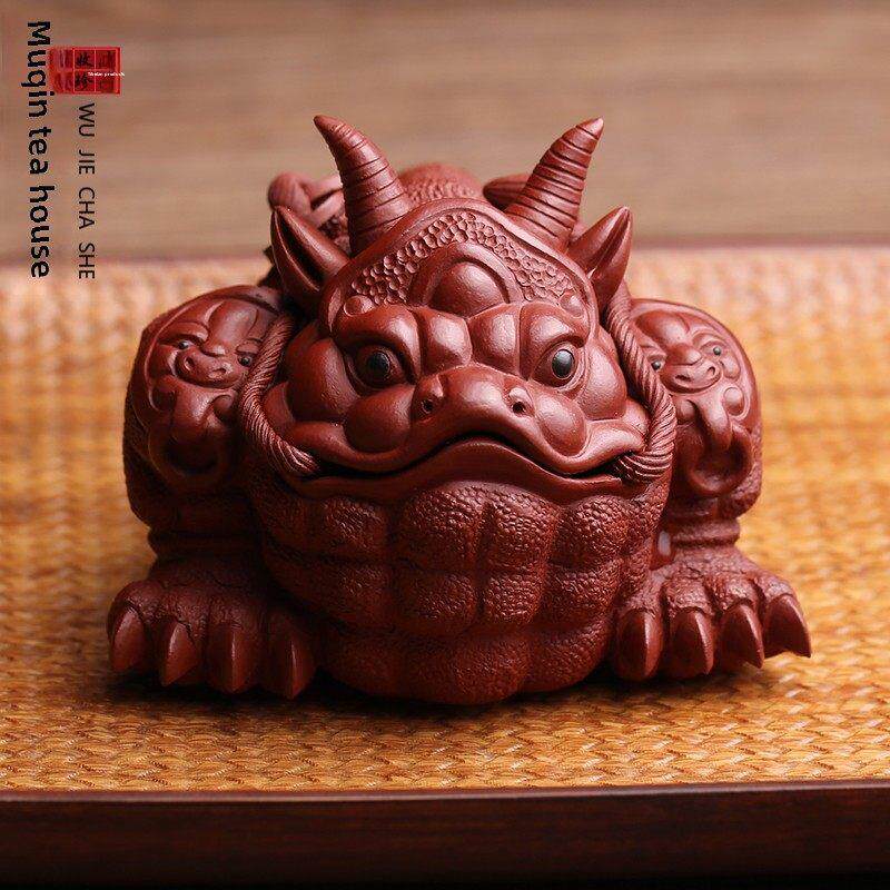 宜兴紫砂茶宠物摆件三腿幸运金蟾蜍牛蟾蜍名品手工精品可养茶几茶
