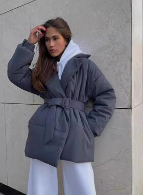 Thick collar and waist cinching cotton jacket for slimming