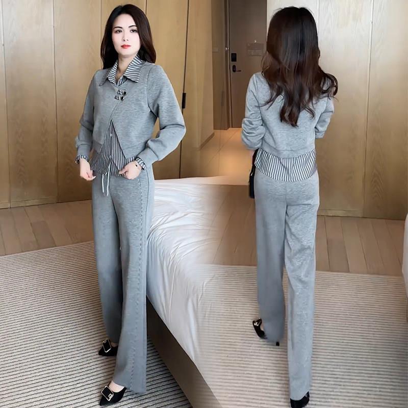极速时尚休闲套装女2026春季新款显瘦假两件拼接卫衣阔腿裤显瘦两