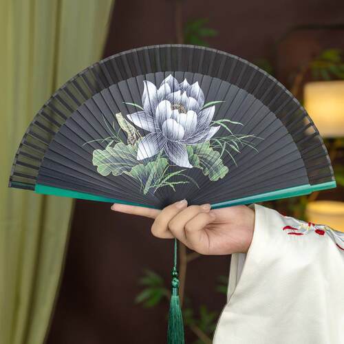 艺堂中国风全扇子半透短面舞喷绘日丝式古风竹女折扇蹈AL009扇好