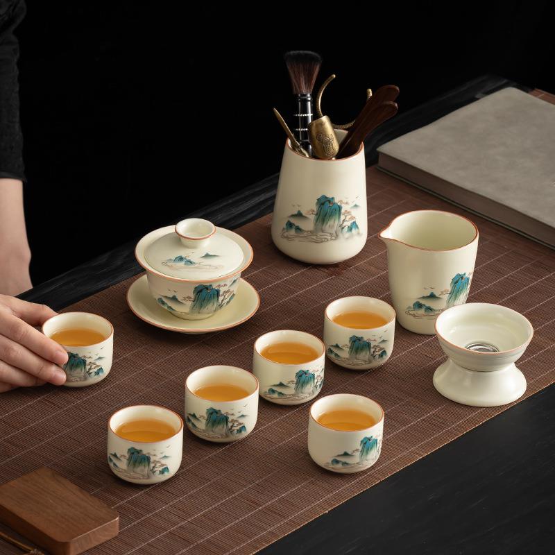 新款直销轻奢国风锦绣山河汝窑茶具套装家用泡茶壶茶具办公室商务
