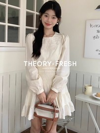 THEORY FRESH法式温柔风气质女神范白色长袖连衣裙女高腰蓬蓬短裙