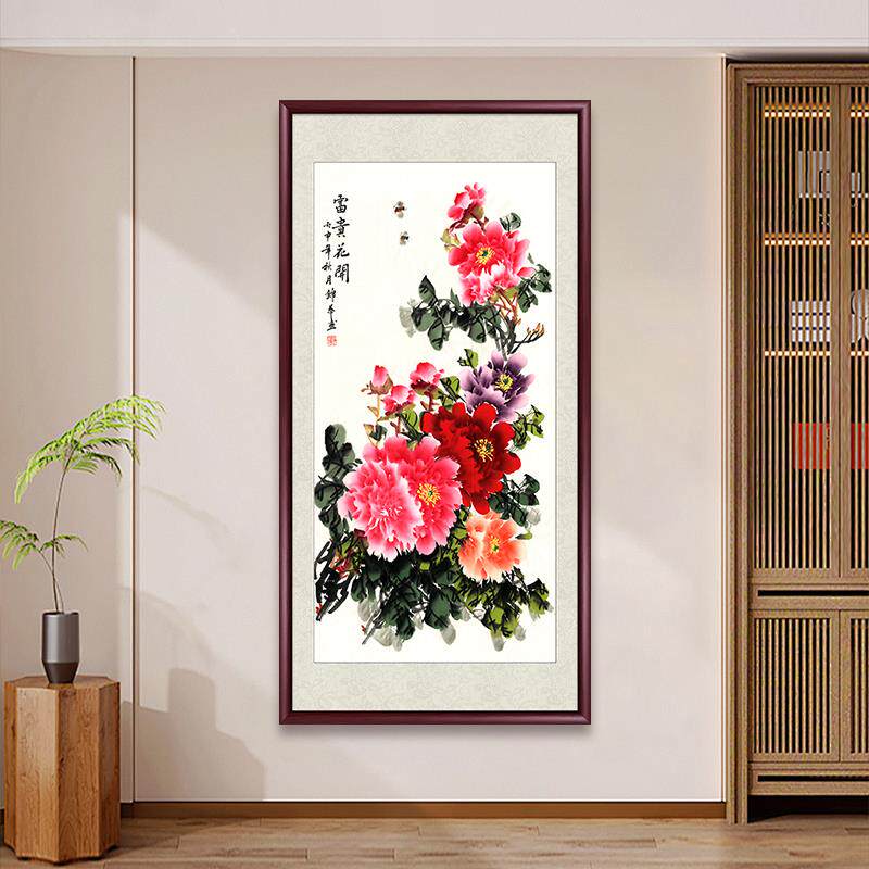 花开富贵入户玄关装饰画手绘新中式牡丹图花鸟国画客厅挂画壁画